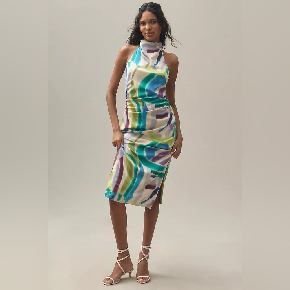 BHLDN Simone Printed Halter Satin Midi Dress